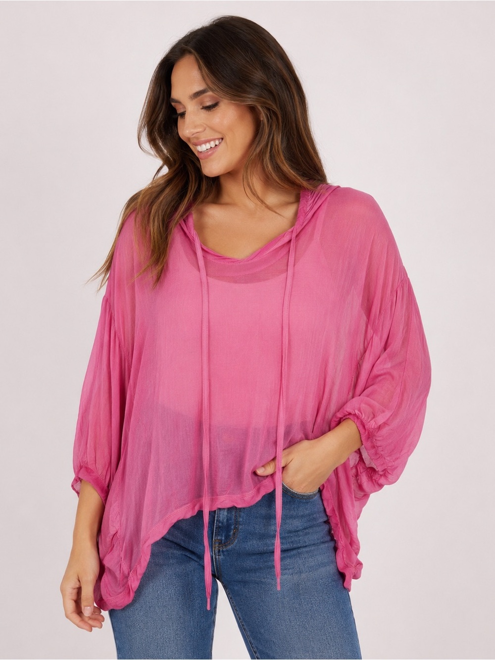 Baba Pink 100% Viscose Hooded Batwing Poncho Top One Size